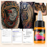 Stigma tattoo ink features, showing various tattoo results, Golden Yellow ink bottle, and test reports
